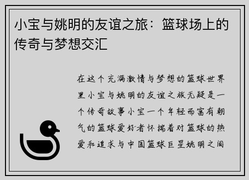 小宝与姚明的友谊之旅：篮球场上的传奇与梦想交汇