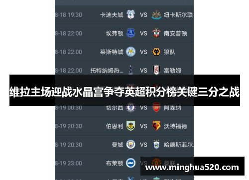 维拉主场迎战水晶宫争夺英超积分榜关键三分之战